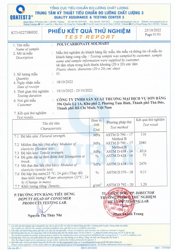 Chứng nhân chất lượng polycarbonte Solmarr